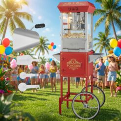 Máquina de pipoca com carrinho, máquina de estourar pipocas de 850 W, chaleira de 8 oz que faz 48 xícaras por lote, máquina de pipoca equipada com vidro temperado, inclui 4 colheres, estilo cinema, vermelha