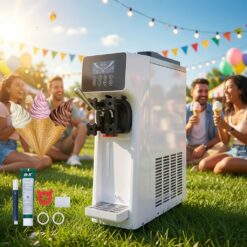 Máquina de sorvete comercial, rendimento de 10L/H, 900W, sorveteira de bancada de sabor único, reservatório de 4L, cilindro de 1,6L, tela sensível ao toque, limpeza automática e pré-resfriamento, ideal para restaurantes e lanchonetes.