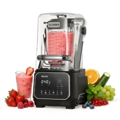 Liquidificador, 2L, profissional, de bancada, com protetor, 2200W, 26000RPM, processador de alimentos multifuncional, autolimpante, velocidade ajustável, 6 menus predefinidos para smoothies, triturar gelo e fazer purê, preto.